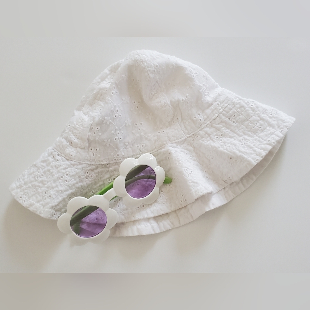 Toddler White Eyelet Bucket Hat And Flower Sunglasses Set